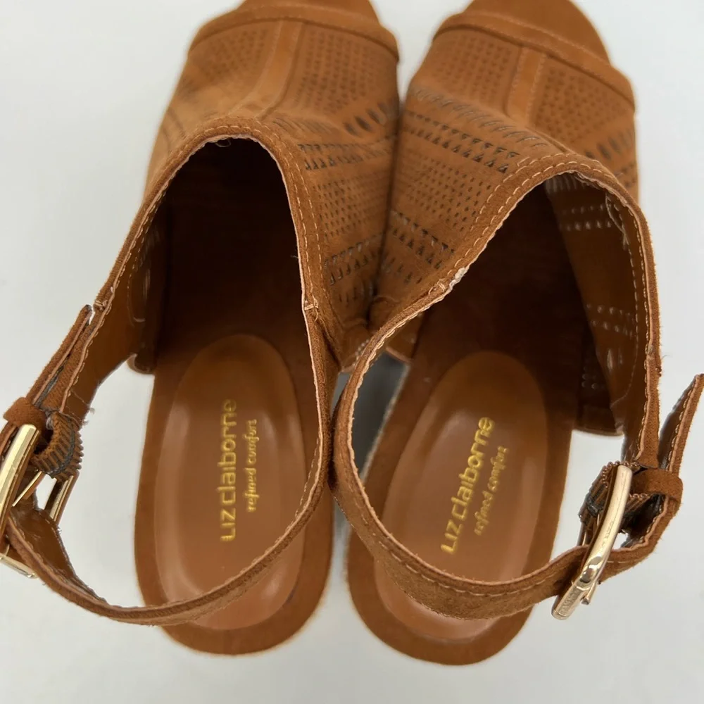 Liz Claiborne Tan Suede Perforated Espadrille Wedge Sandals